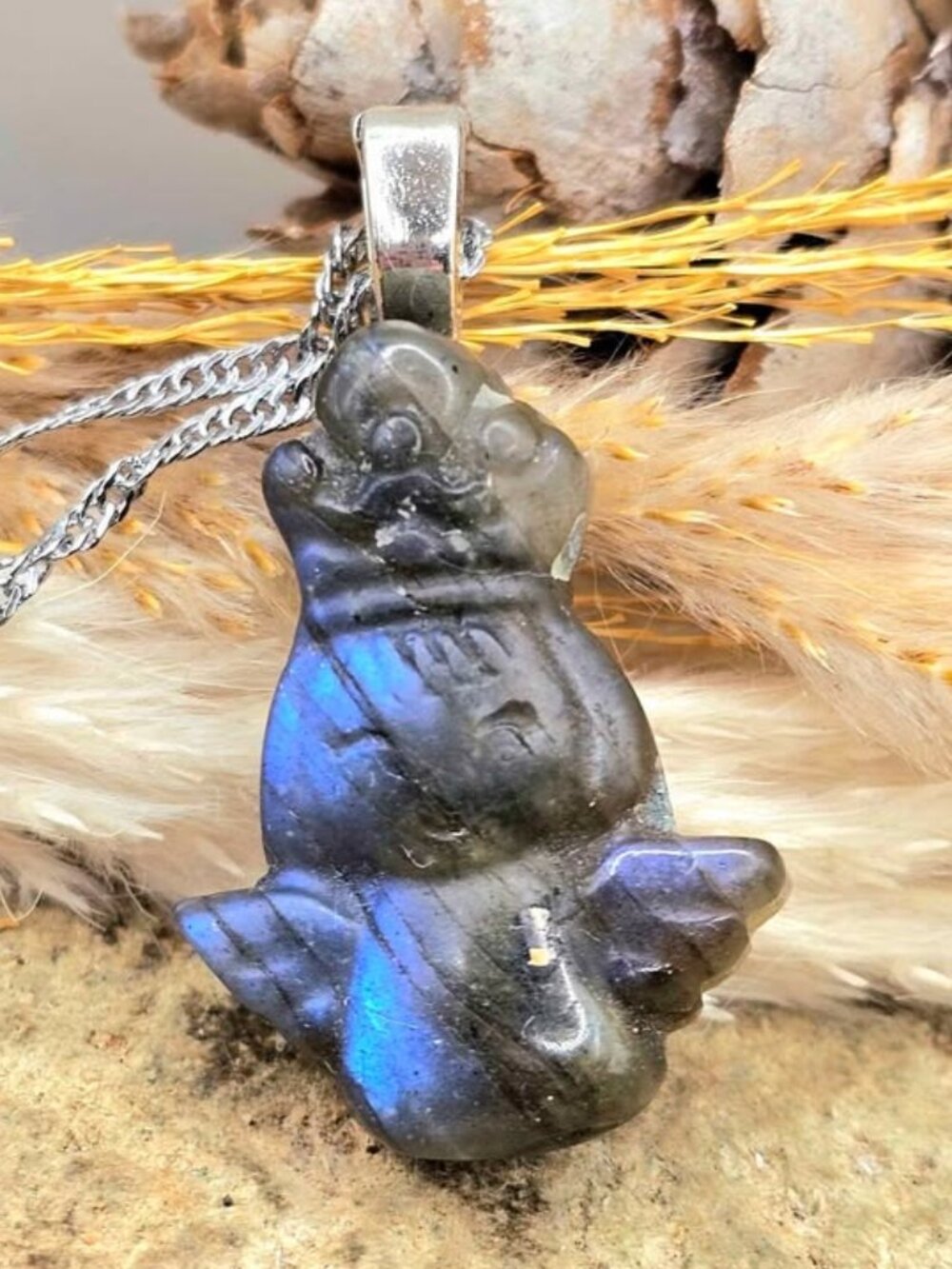 Natural Labradorite Angel Girl With Crown Pendant Necklace